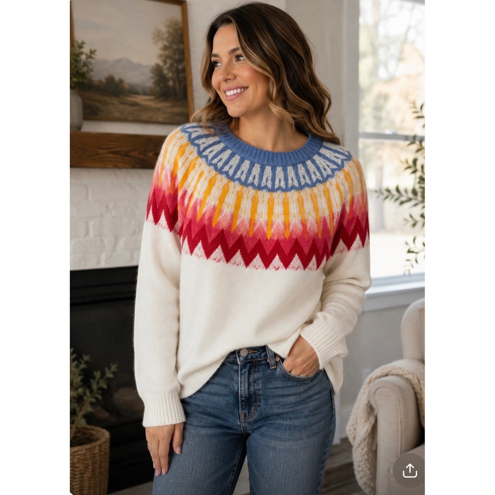French Connection Essentials Fair Isle Knit Sweater White Multi Color Large